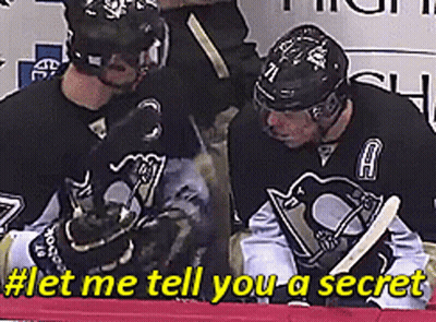 Two Hockey Players Are Talking To Each Other With The Words " Let Me Tell You A Secret " GIF