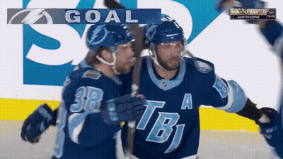 Two Hockey Players Celebrating Goal With TB Logo GIF