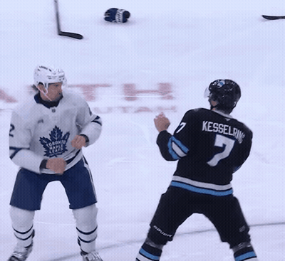Two Hockey Players Fighting In Front Of Utah Logo GIF