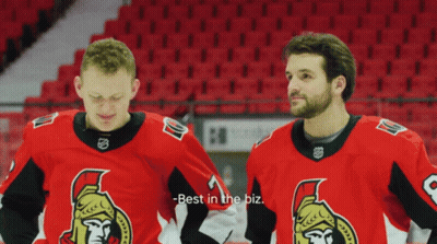 Two Hockey Players Saying Best In The Biz GIF