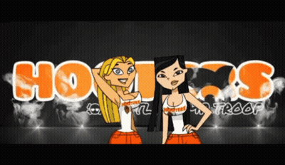 Two Hooters Troop Girls In Front Of Hooters Logo GIF