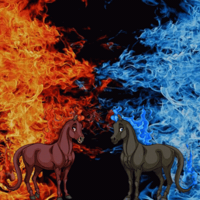 two horses are standing next to each other with fire and water in the background