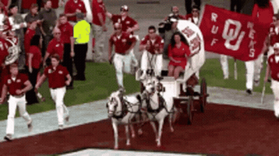 Two Horses Pulling A Wagon With A Banner That Says Ruff On It GIF
