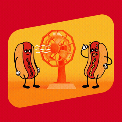 Two Hot Dogs Standing In Front Of Fan One Sweating GIF