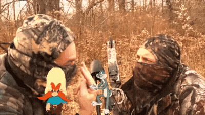 Two Hunters Talking With Cartoon Character GIF
