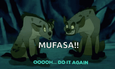 Two Hyenas Sitting Next To Each Other Saying Mufasa GIF