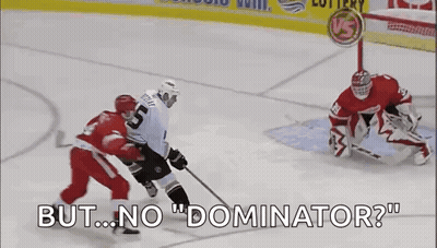Two Ice Hockey Players Are Playing A Game And One Of Them Is Asking The Other Player If He Is The Dominant Player . GIF