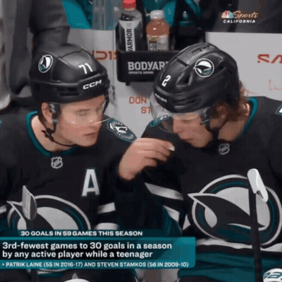 Two Ice Hockey Players Talking 30 Goals In 59 Games This Season GIF
