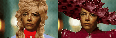 Two Images Of A Woman With Blonde Hair And A Red Hat GIF