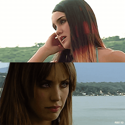 Two Images Of A Woman With Rbd 3D Written On The Bottom Right GIF