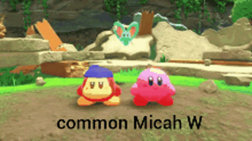 Two Kirbys Are Standing Next To Each Other In A Video Game With The Words " Common Micah W " On The Bottom GIF