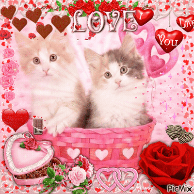 Two Kittens In Pink Basket With Hearts And Love GIF