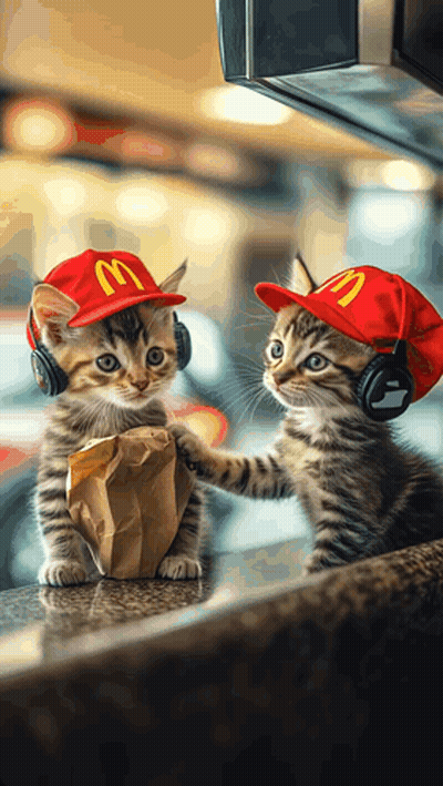 Two Kittens Wearing Mcdonald 'S Hats And Headphones Holding A Bag Of Food GIF