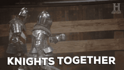 Two Knights Fighting In Front Of Wooden Wall With Knights Together GIF