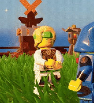 Two Lego Figures Standing Near Windmill GIF
