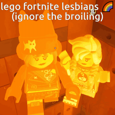 Two Lego Figures Standing Next To Each Other With The Words Lego Fortnite Lesbians ( Ignore The Broiling ) Below Them GIF