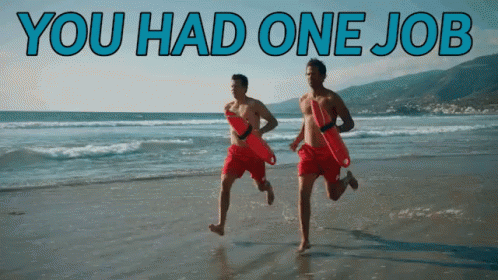 Two Lifeguards Running On The Beach With The Words " You Had One Job " Behind Them GIF