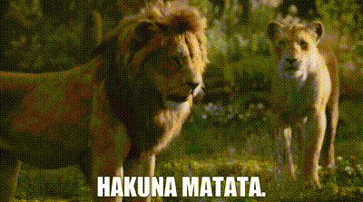 Two Lions Standing Next To Each Other In The Grass With The Words Hakuna Matata Written On The Bottom . GIF