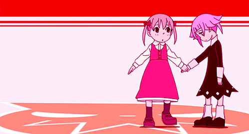 Two Little Girls Holding Hands In Front Of A Red Background GIF