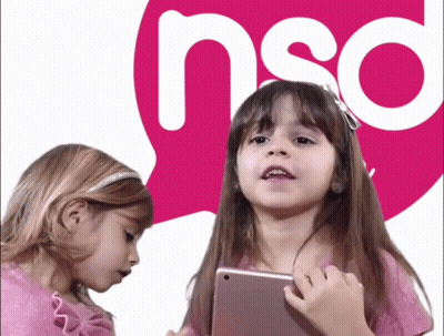 Two Little Girls Looking At Tablet In Front Of Neo Logo GIF