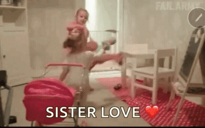 Two Little Girls Playing With Stroller And Table GIF