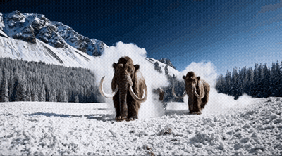 Two Mammoths Are Walking Through A Snowy Field In The Mountains GIF