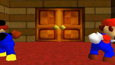 Two Mario Brothers Are Standing Next To Each Other In A Room . GIF