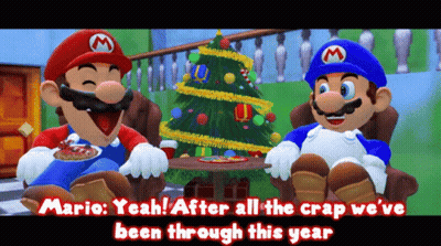 Two Mario Characters Are Sitting In Front Of A Christmas Tree And Talking GIF
