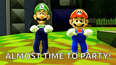 Two Mario Characters Standing Next To Each Other With The Words " Almost Time To Party " Above Them GIF