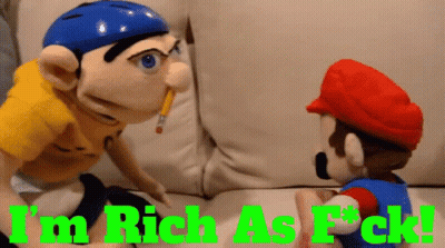 Two Mario Dolls Are Sitting On A Couch With The Words " I 'M Rich As F * Ck " In Green Letters GIF