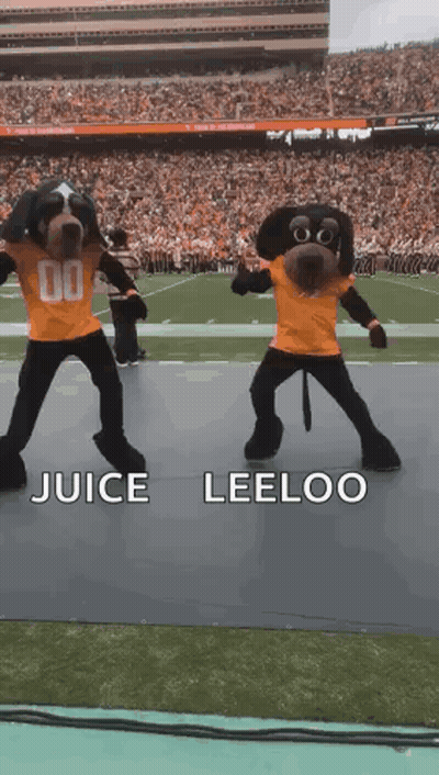 Two Mascots Dancing With Juice Leeloo