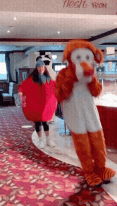 Two Mascots In Front Of Tinsel Sign GIF