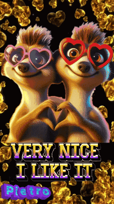 two meerkats wearing heart shaped glasses are making a heart shape with their hands and the words very nice i like it