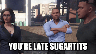 Two Men And Woman Holding Youre Late Sugartits Sign GIF
