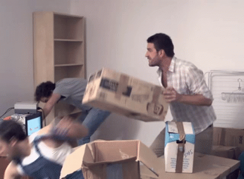 Two Men Are Carrying A Large Cardboard Box That Says ' Dhl ' On It GIF