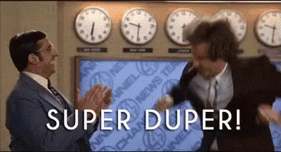 Two Men Are Clapping In Front Of A Wall Of Clocks And The Words Super Duper . GIF