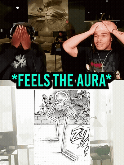 Two Men Are Covering Their Faces In Front Of A Sign That Says Feels The Aura GIF
