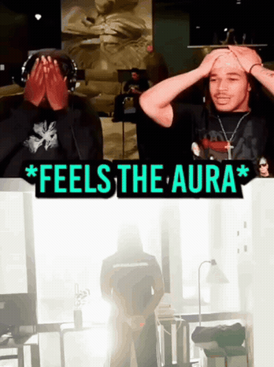 Two Men Are Covering Their Faces With Their Hands And The Words Feels The Aura Are Above Them GIF