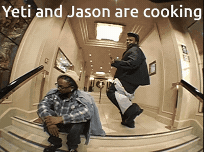 Two Men Are Dancing In A Hallway With The Words Yeti And Jason Are Cooking Below Them GIF