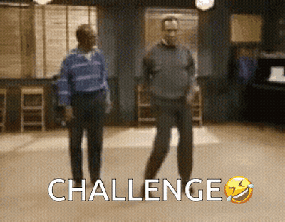 Two Men Are Dancing In A Room With The Word Challenge Written Above Them GIF