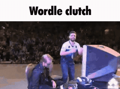 Two Men Are Dancing In Front Of A Crowd And The Words Wordle Clutch Are On The Screen GIF