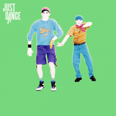 Two Men Are Dancing In Front Of A Green Background That Says Just Dance GIF