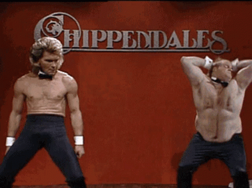 Two Men Are Dancing In Front Of A Sign That Says Chippewales GIF