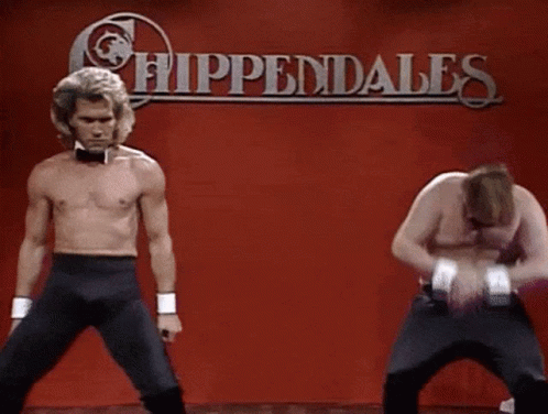 Two Men Are Dancing In Front Of A Sign That Says Chippewales GIF
