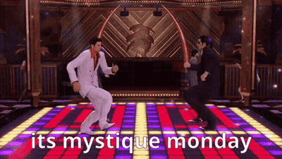 Two Men Are Dancing On A Dance Floor With The Words `` Its Mystique Monday '' Above Them . GIF