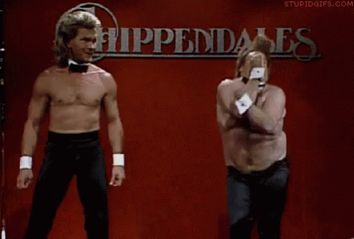 Two Men Are Dancing On A Stage In Front Of A Sign That Says Hippendales GIF