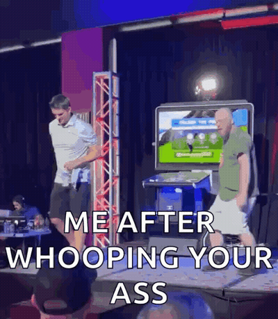 Two Men Are Dancing On A Stage With The Words Me After Whooping Your Ass On The Bottom GIF