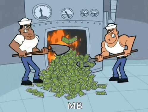 Two Men Are Digging In A Pile Of Money And The Word Mb Is On The Bottom Right GIF