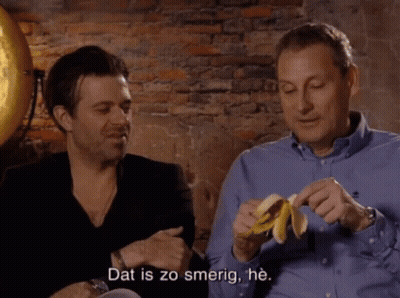 Two Men Are Eating Bananas And One Of Them Is Saying " Dat Is Zo Smerig He " GIF