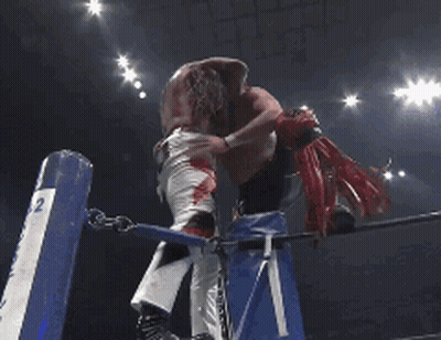 Two Men Are Fighting In A Boxing Ring And One Of Them Is Holding Onto A Blue Pole GIF